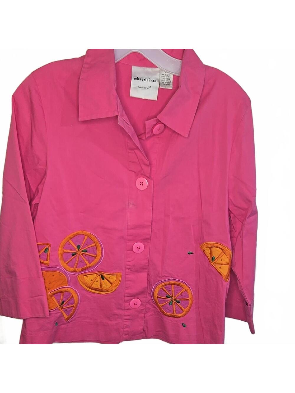 Michael Simon Pink Button-Up Shirt with Orange Slice Embroidery